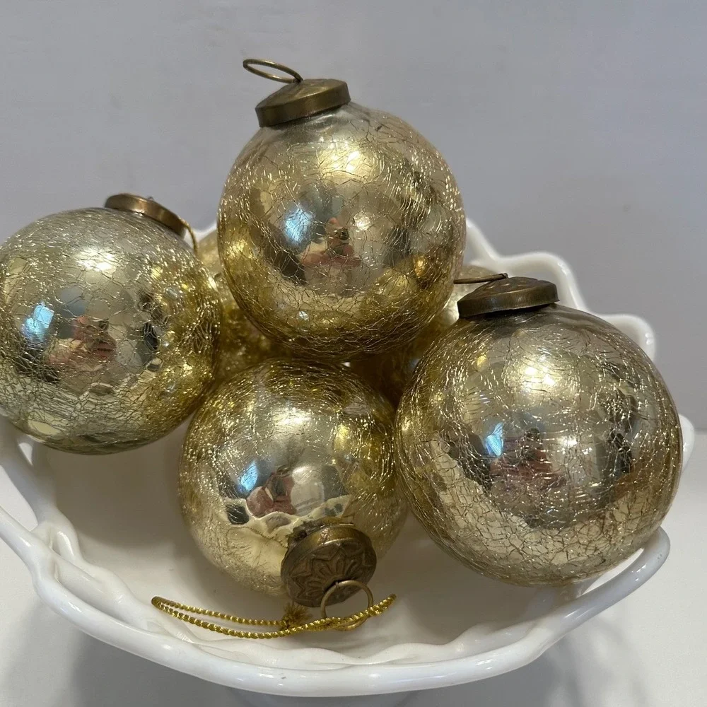 Restoration Hardware Gold Crackle Glass Ball Christmas Ornaments Set of‎ 6 3.5in